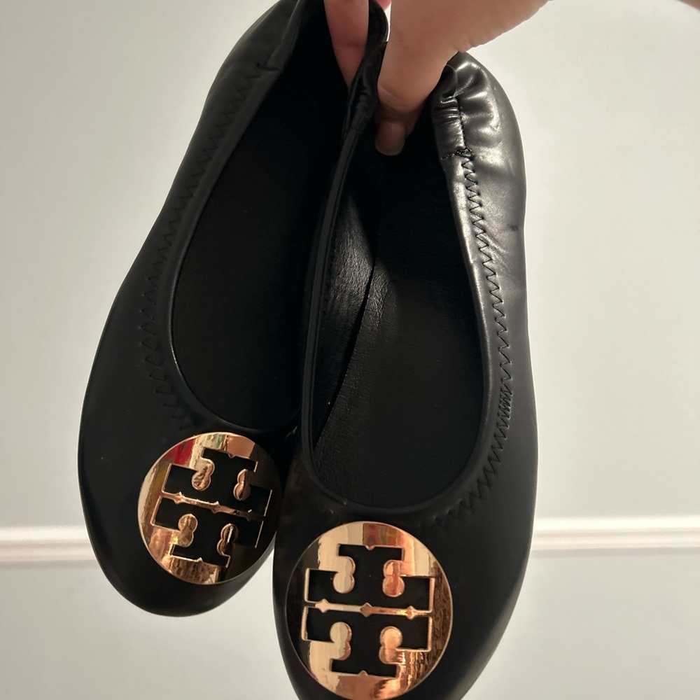 Tory Burch Black Flats with Gold Emblem